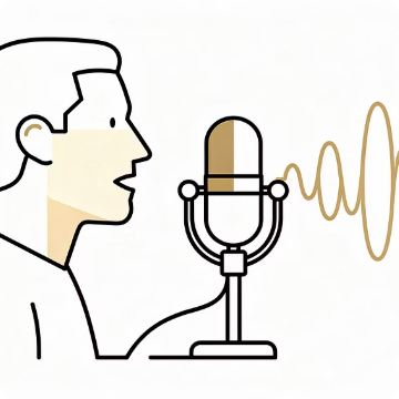 Student speaking into a microphone with sound waves