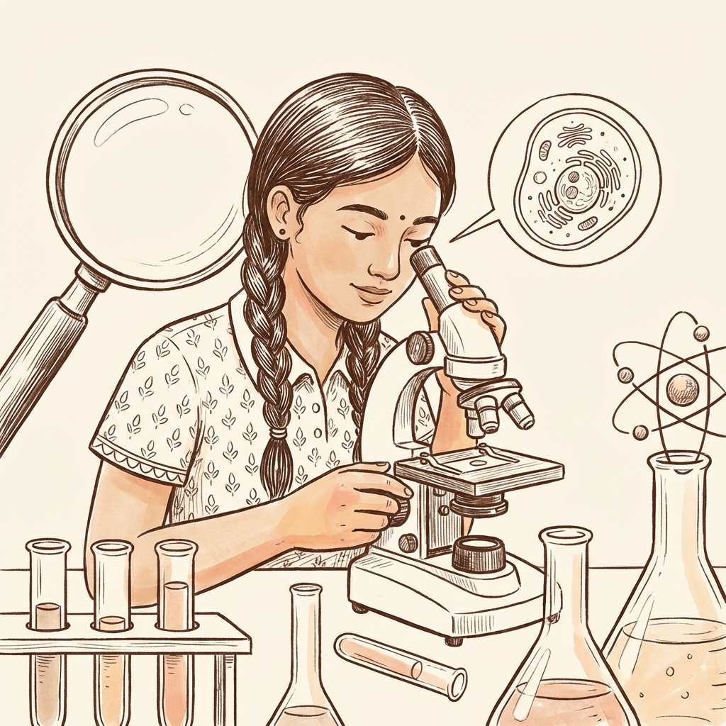 Microscope with test tubes and atom model