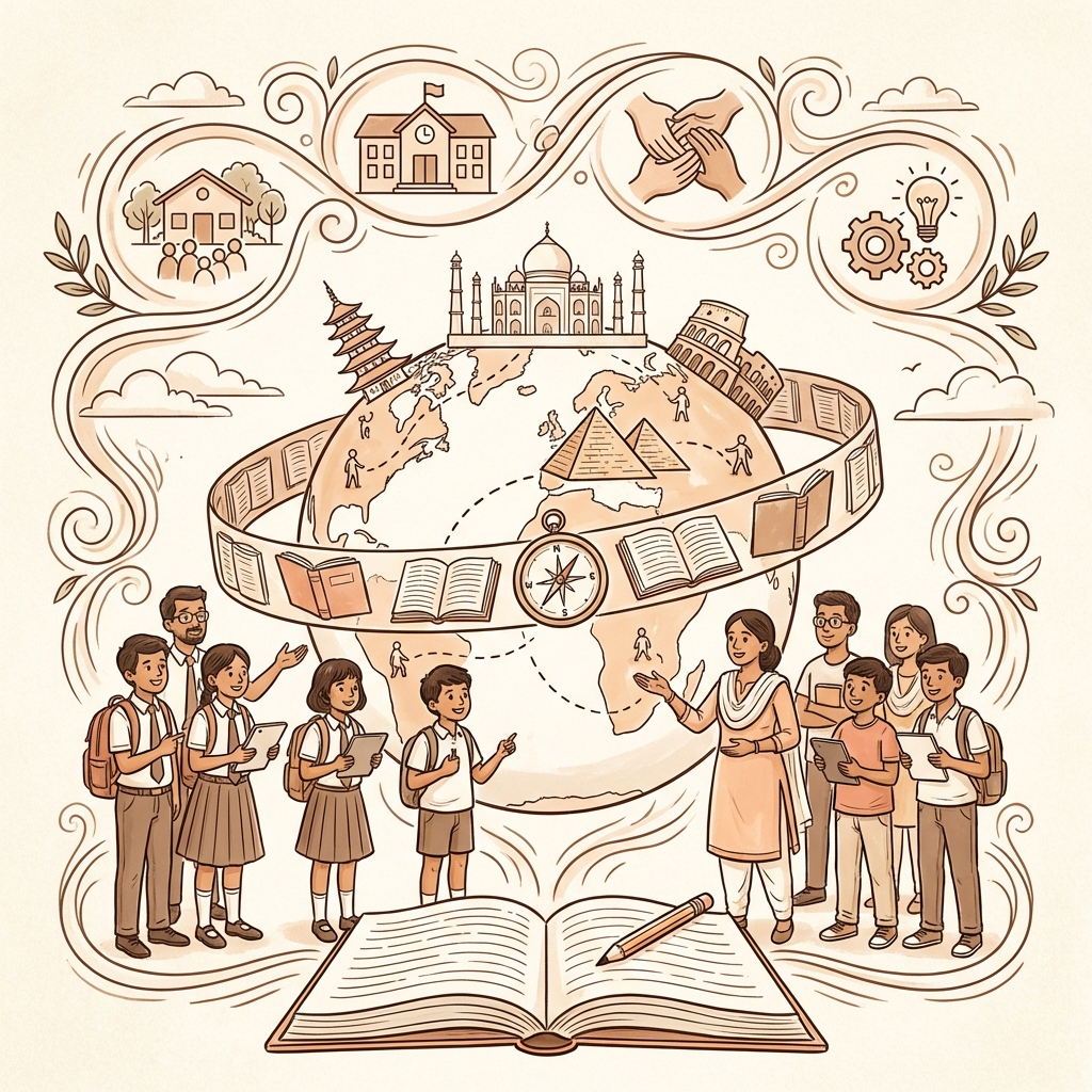Globe with landmarks and people